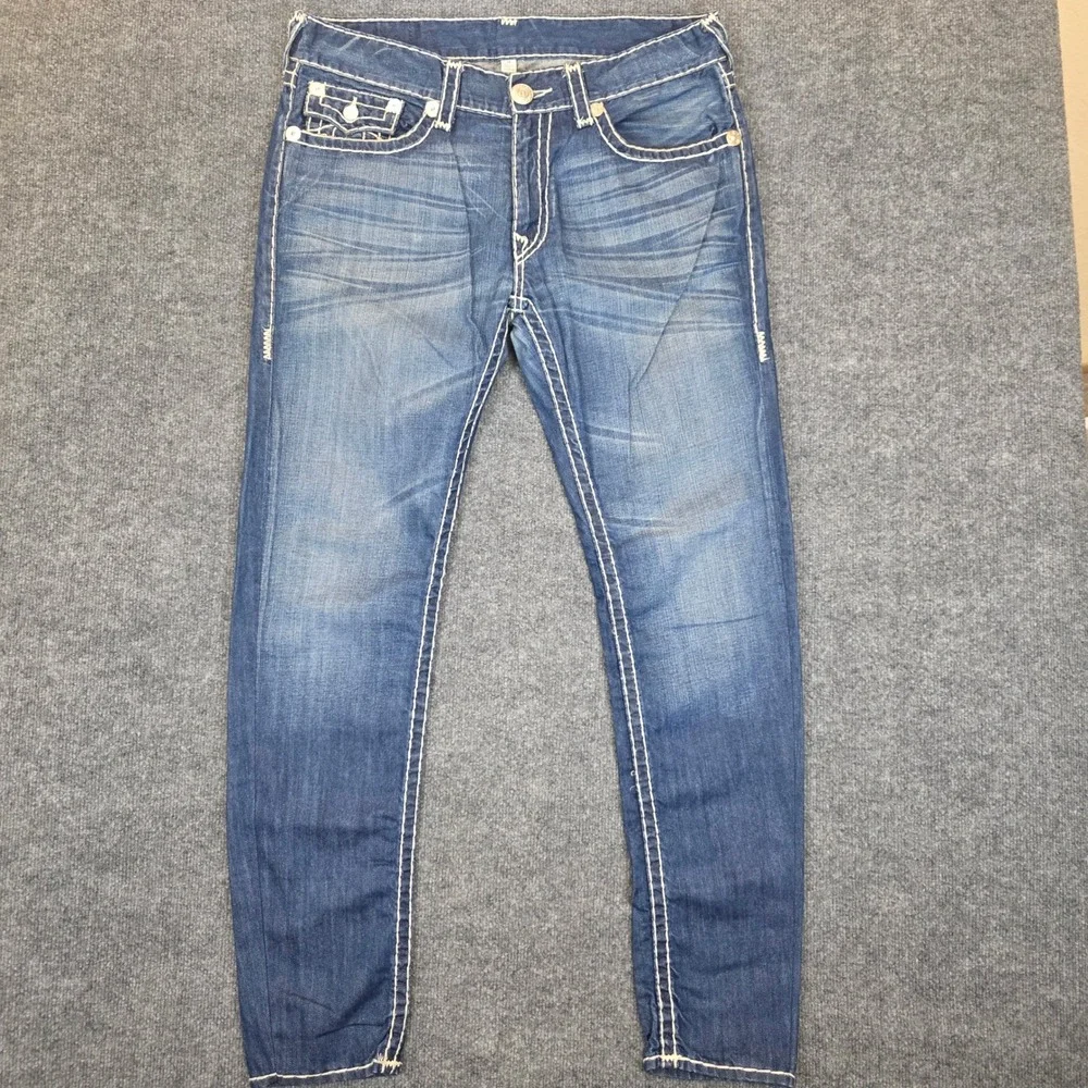 True Religion Jeans Men 36 X 32 Blue Skinny W/Flap Super T Big Stitch Casual
